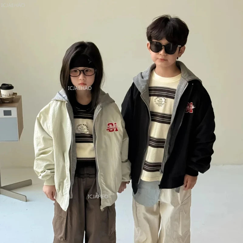 Kids Jacket Boys Girls Korean Style Unisex Toddler Fake Two-Piece Jacket Letter Print Hoodie Long Sleeve Baseball Coat Autumn