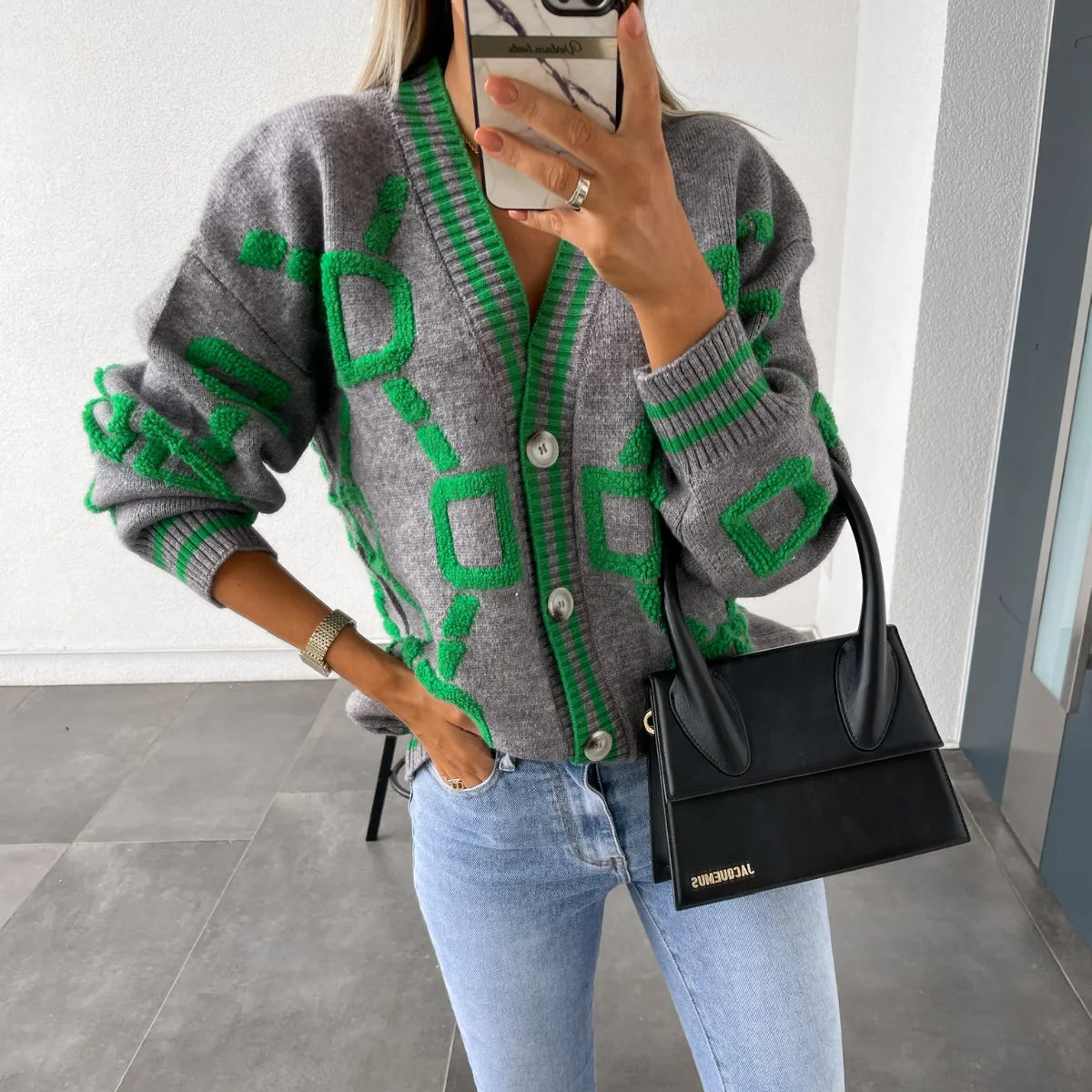 KK Jacquard Knitted Coat V-neck