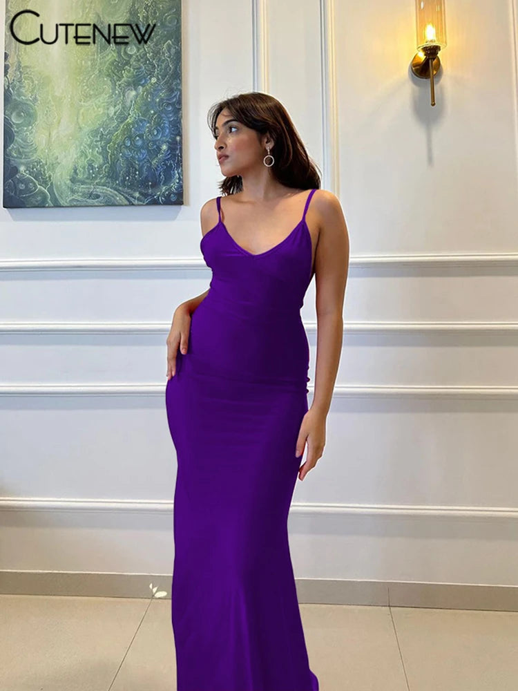 Nibber Red Shiny Spaghetti Strap Maxi Dress Women Solid Sexy Backless Ruched Cleavage Body-shaping Robe Lady Hipster Streetwear