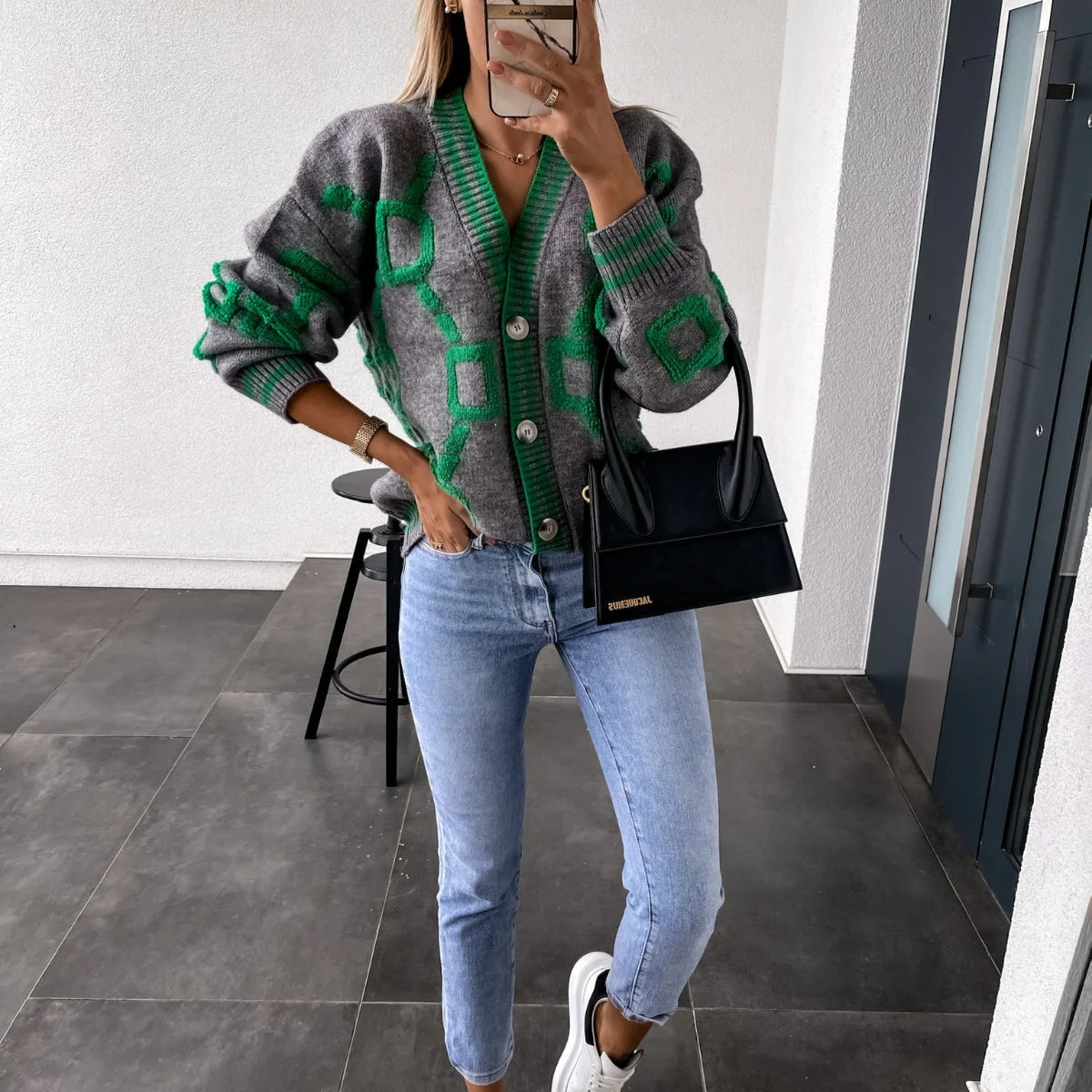 KK Jacquard Knitted Coat V-neck