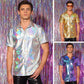 Men's 70‘s Disco Metallic Shiny Gold Shirt For Party Stage Night Club Short Sleeve Shirt Men Stylish Prom Banquet Chemise Hombre