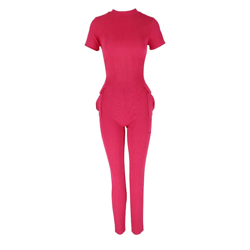 New Women's Jumpsuits Sexy Sweet Pink Hollow Out Jumpsuit Streetwear Fashion Pockets Short Sleeve Lady Elegant Rompers Clothing