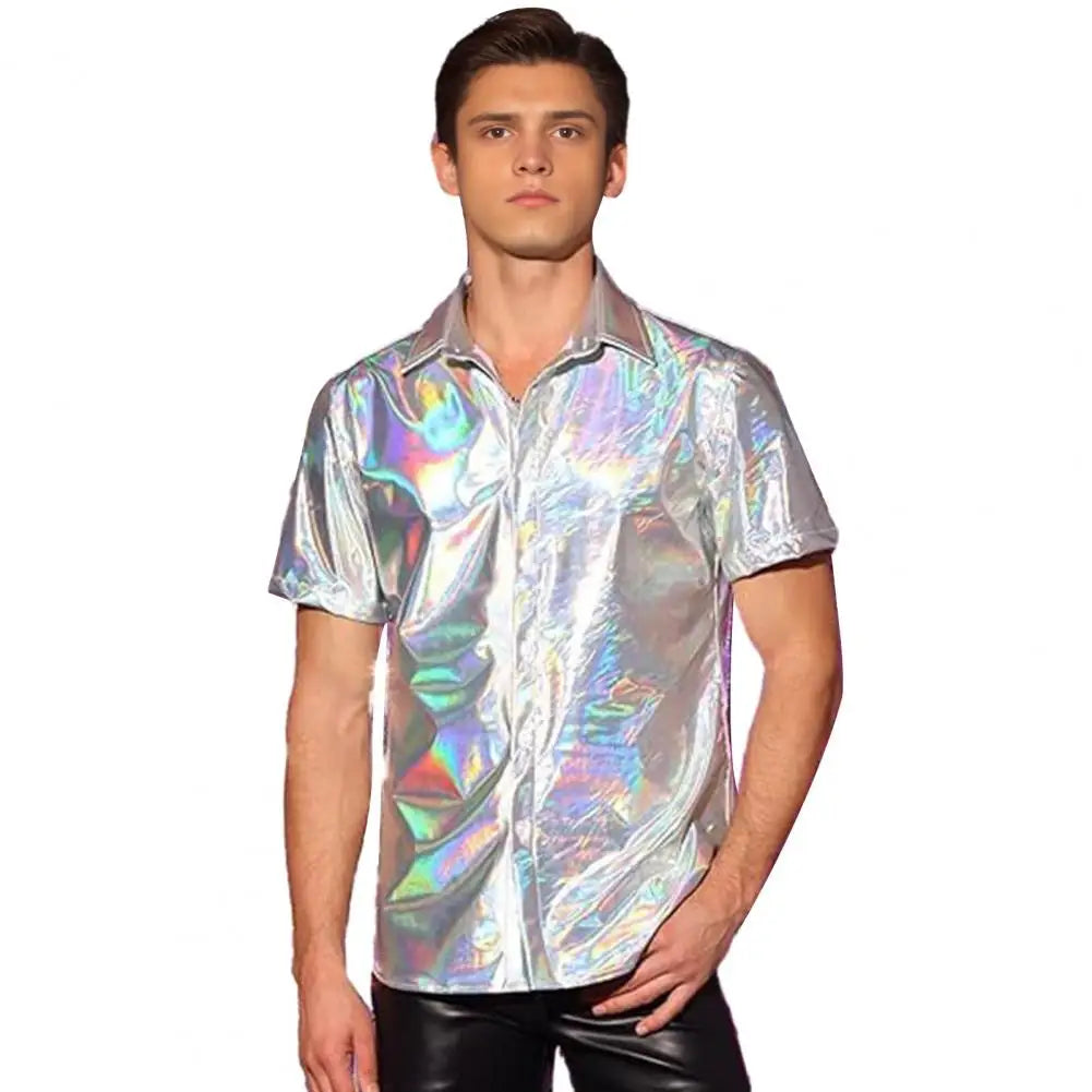 Men's 70‘s Disco Metallic Shiny Gold Shirt For Party Stage Night Club Short Sleeve Shirt Men Stylish Prom Banquet Chemise Hombre