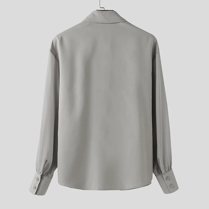 INCERUN Unisex Shirt Solid Color Ruffle Lapel Long Sleeve Casual Unisex Clothing Loose Elegant Streetwear 2025 Fashion Male Shirts