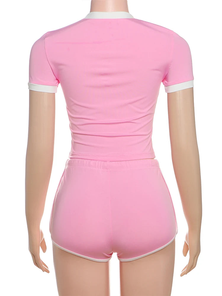 Nibber Tracksuit Letter Print 2 piece Set Women Activity Shorts Sleeve Crop Tops+Biker Shorts Matching Street Stretch Suits