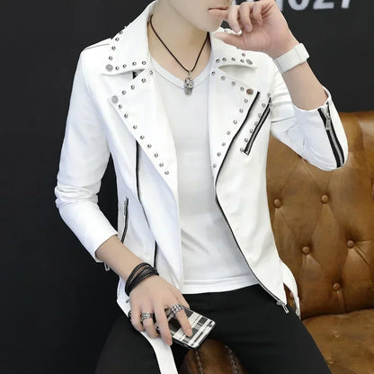 Men Slim Fit Rivet Oblique Zipper Leather Jacket Youth