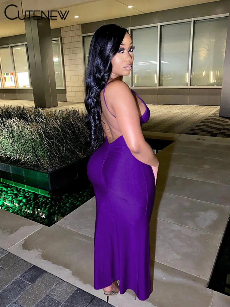 Nibber Red Shiny Spaghetti Strap Maxi Dress Women Solid Sexy Backless Ruched Cleavage Body-shaping Robe Lady Hipster Streetwear