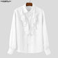 INCERUN Unisex Shirt Solid Color Ruffle Lapel Long Sleeve Casual Unisex Clothing Loose Elegant Streetwear 2025 Fashion Male Shirts