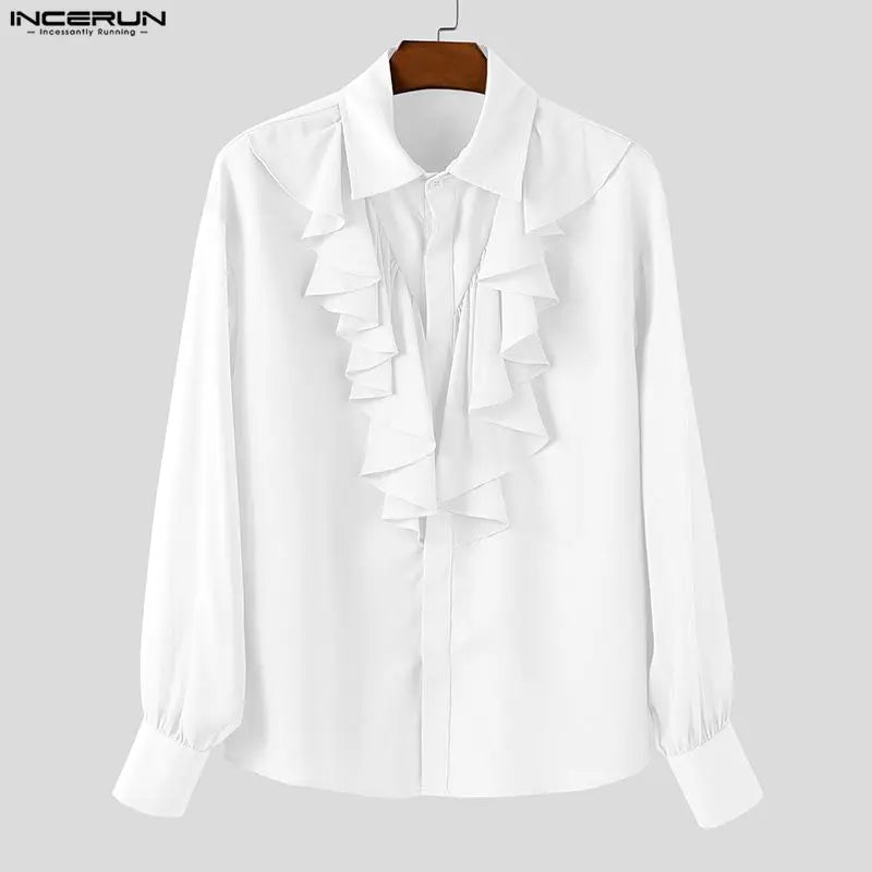 INCERUN Unisex Shirt Solid Color Ruffle Lapel Long Sleeve Casual Unisex Clothing Loose Elegant Streetwear 2025 Fashion Male Shirts