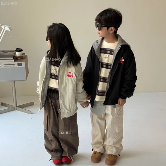 Kids Jacket Boys Girls Korean Style Unisex Toddler Fake Two-Piece Jacket Letter Print Hoodie Long Sleeve Baseball Coat Autumn