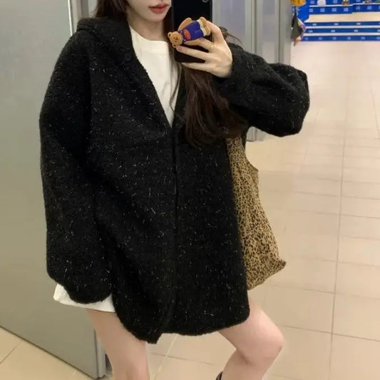 Autumn and Winter Hooded Black Versatile Coat