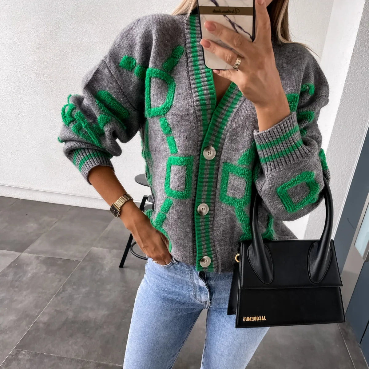 KK Jacquard Knitted Coat V-neck