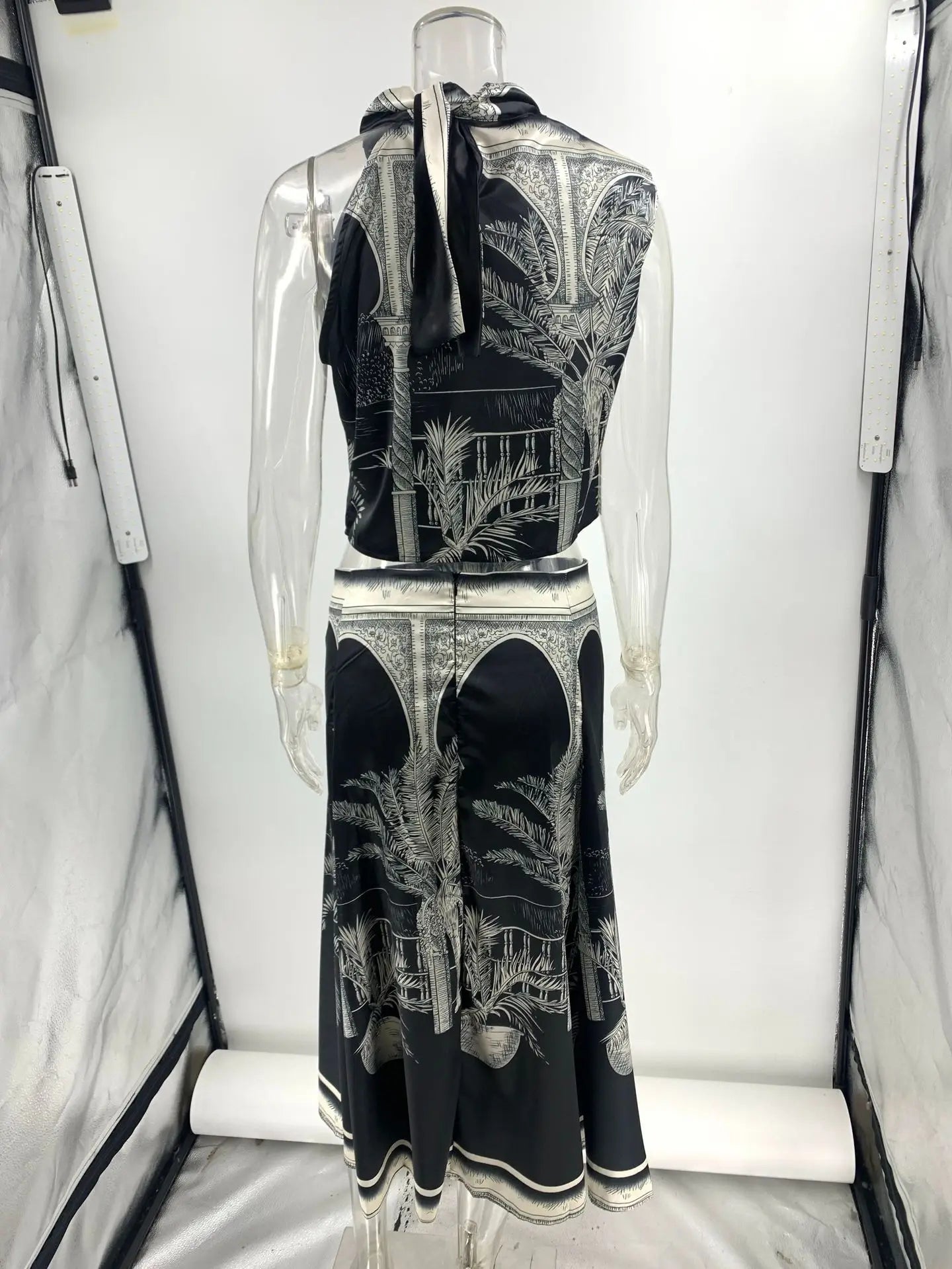 KK Vintage Print Satin Skirt Two Piece Set