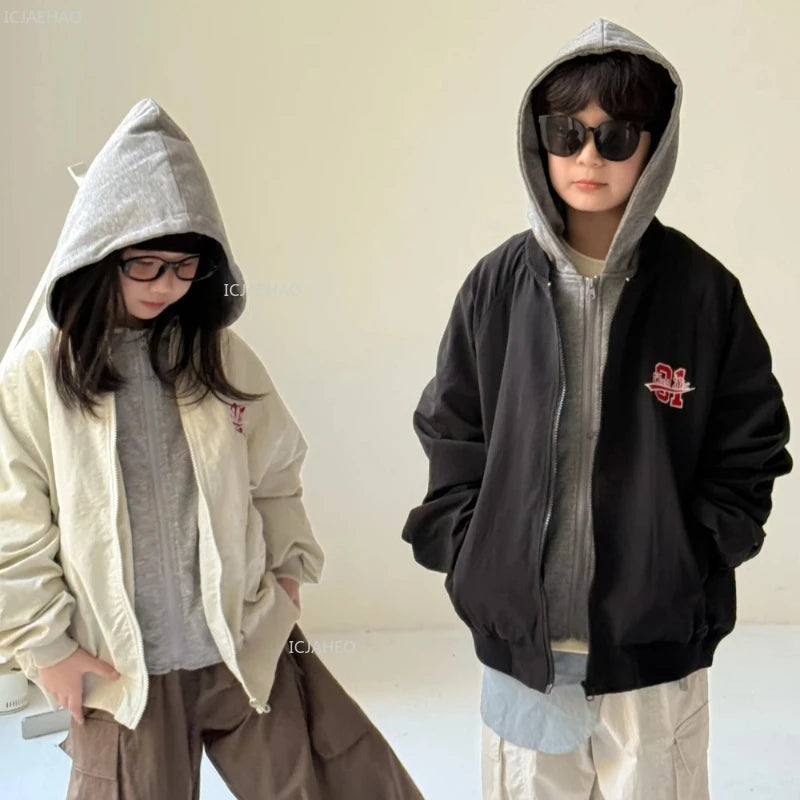 Kids Jacket Boys Girls Korean Style Unisex Toddler Fake Two-Piece Jacket Letter Print Hoodie Long Sleeve Baseball Coat Autumn