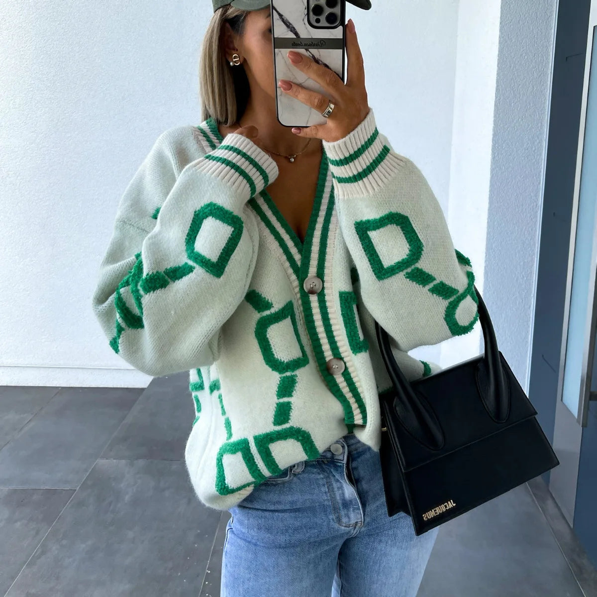 KK Jacquard Knitted Coat V-neck