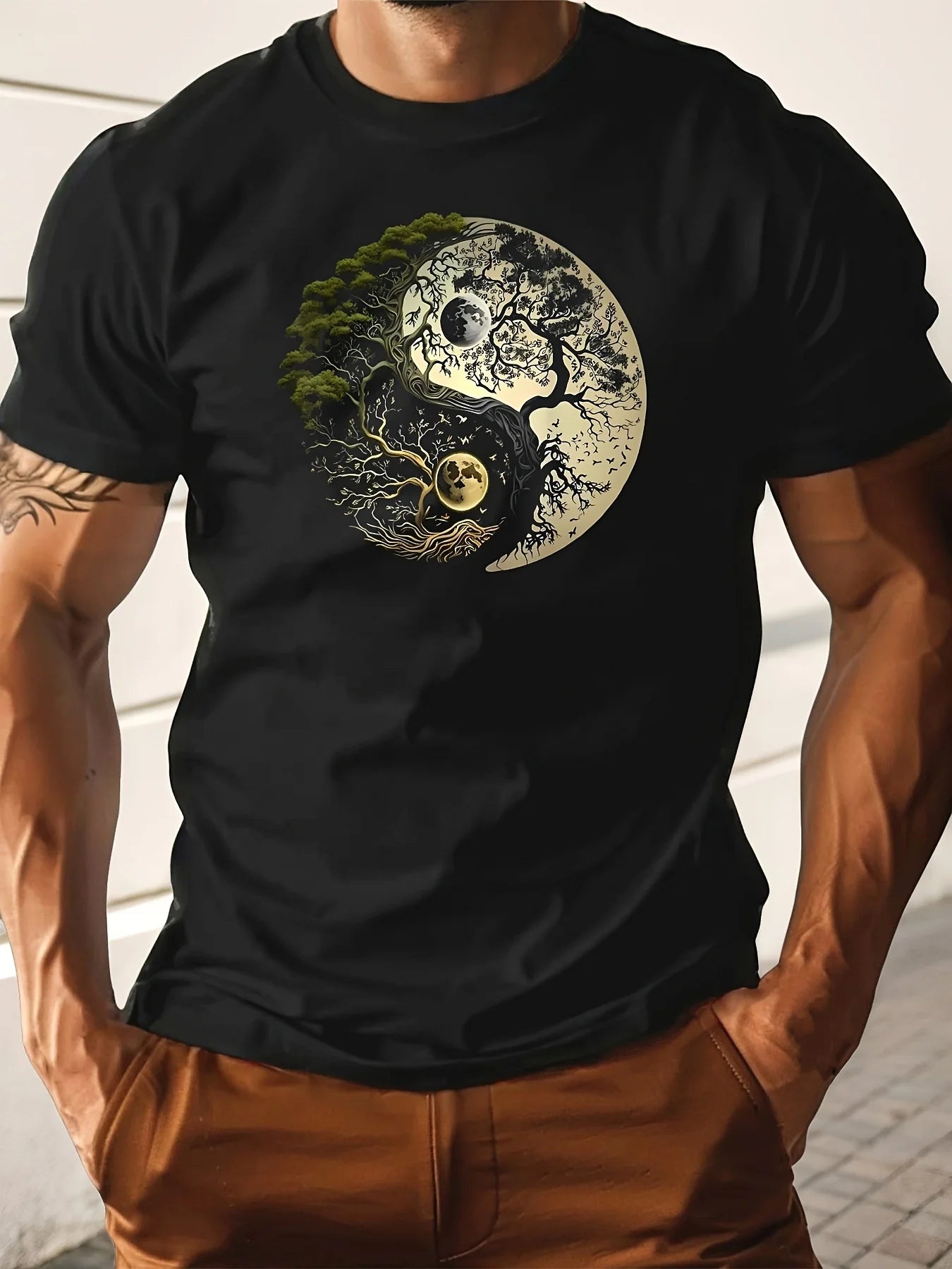 Men's summer 100% pure cotton fashionable casual loose sports yin-yang tree pattern print round neck short sleeved T-shirt top