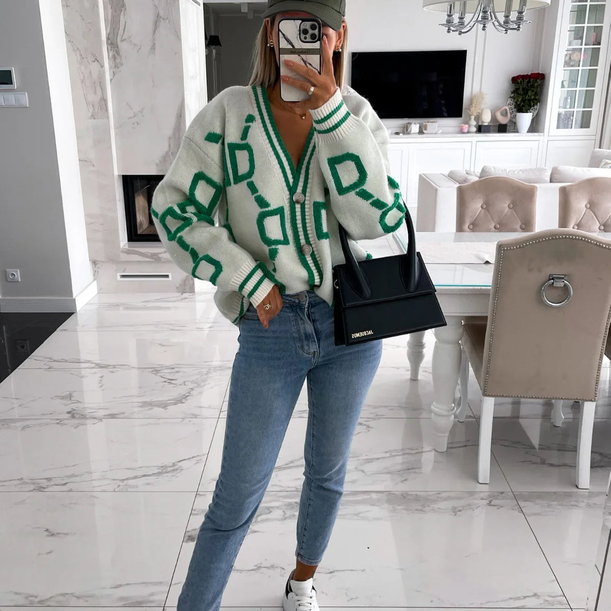 KK Jacquard Knitted Coat V-neck