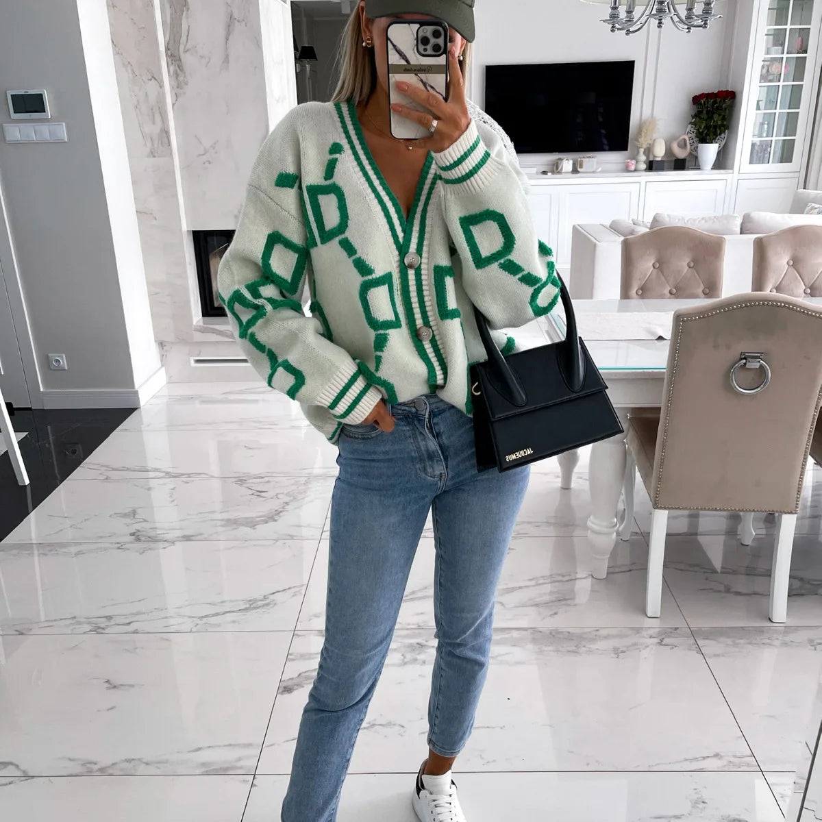 KK Jacquard Knitted Coat V-neck