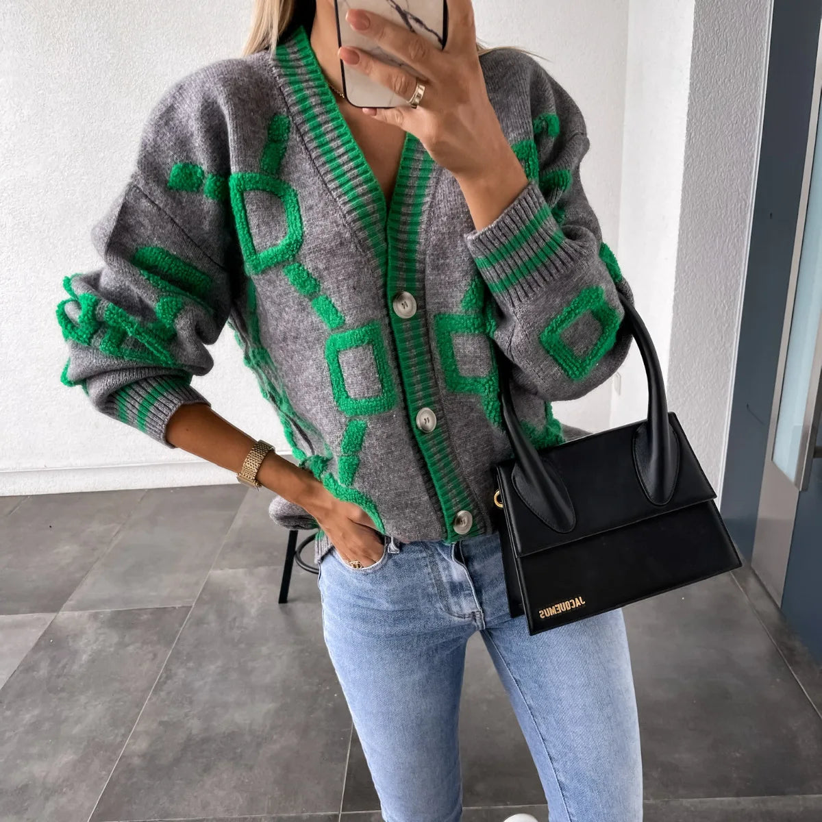 KK Jacquard Knitted Coat V-neck