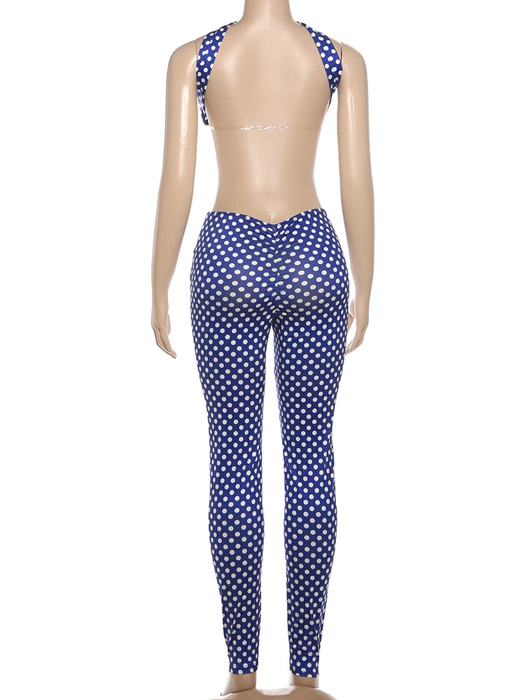 Weird Puss Hottie Polka Dot 2-Piece Set Women Halter Chest Wrapped Backless Top+Ruched Peach Hip Pants Stretch Skinny Clubwear