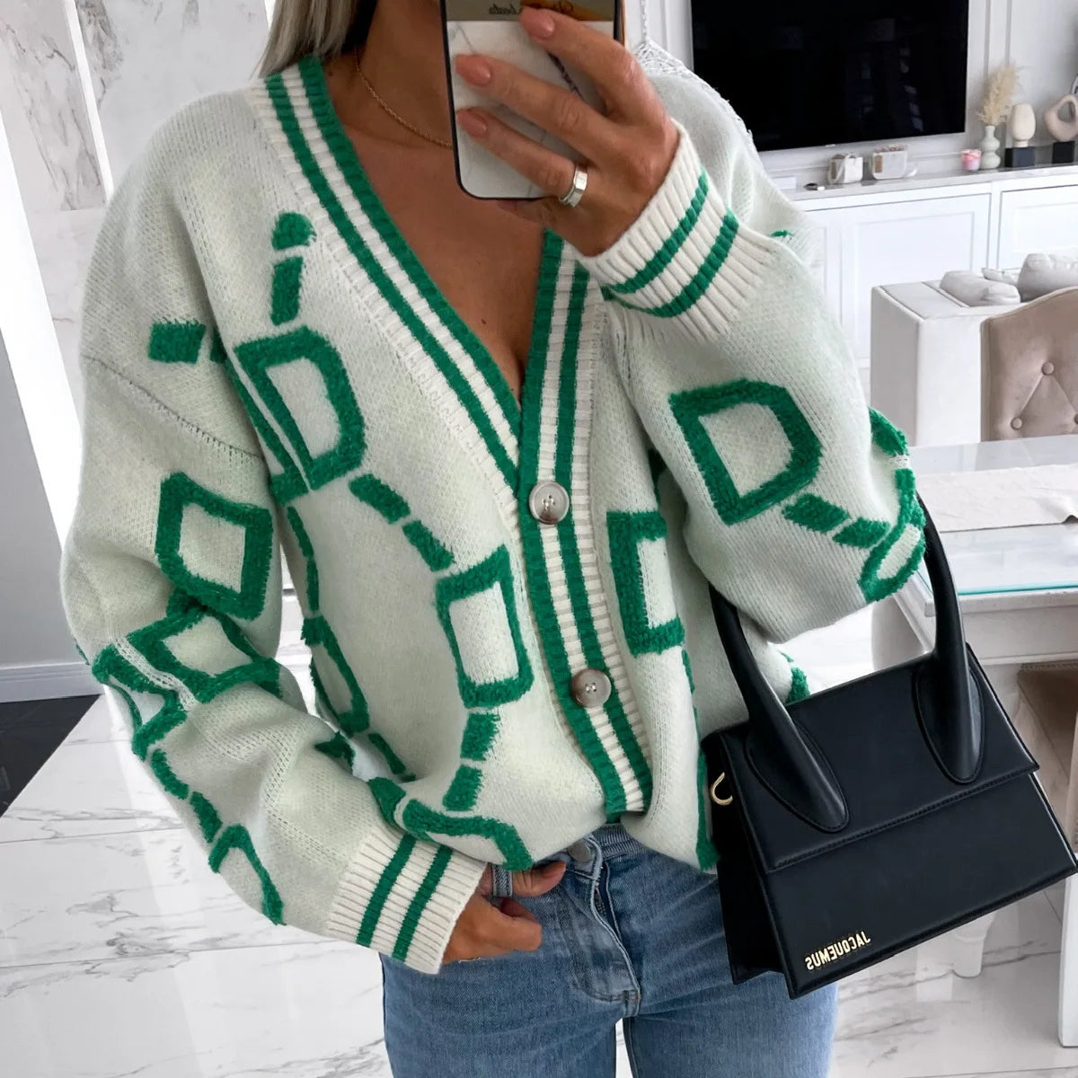 KK Jacquard Knitted Coat V-neck