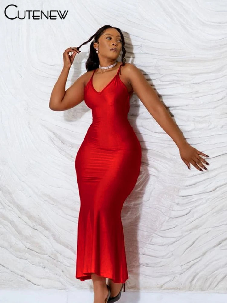 Nibber Red Shiny Spaghetti Strap Maxi Dress Women Solid Sexy Backless Ruched Cleavage Body-shaping Robe Lady Hipster Streetwear