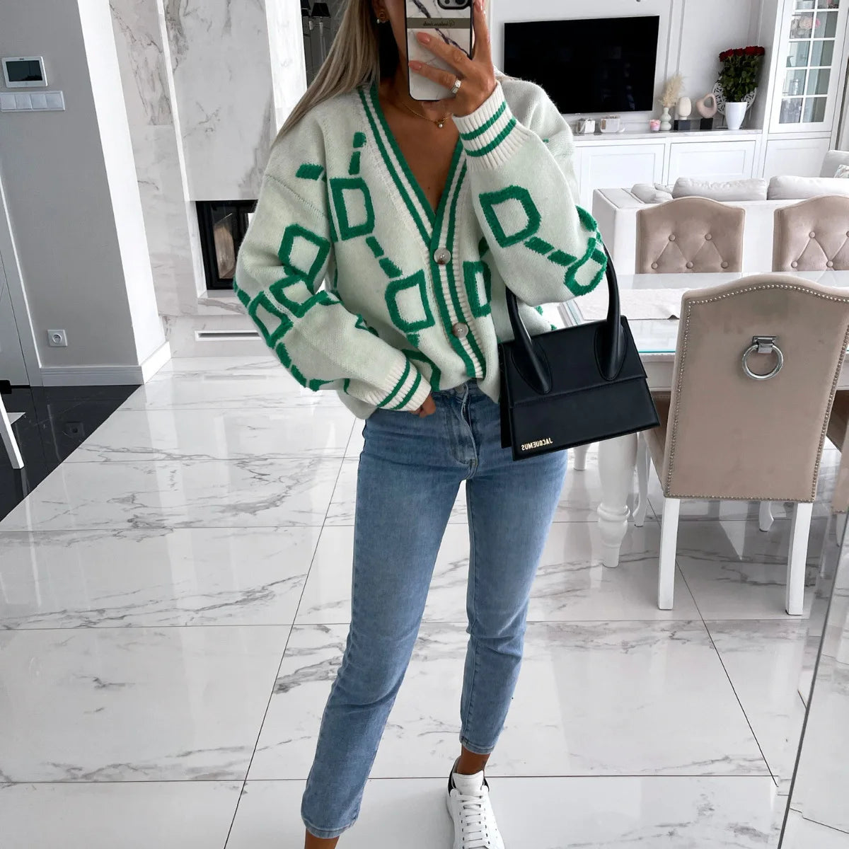 KK Jacquard Knitted Coat V-neck