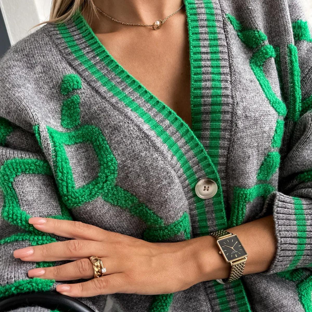 KK Jacquard Knitted Coat V-neck