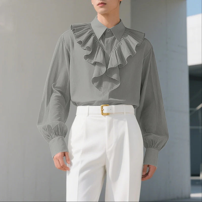 INCERUN Unisex Shirt Solid Color Ruffle Lapel Long Sleeve Casual Unisex Clothing Loose Elegant Streetwear 2025 Fashion Male Shirts