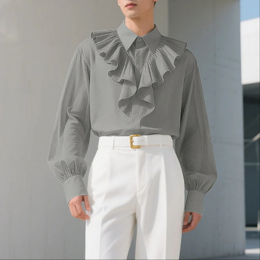 INCERUN Unisex Shirt Solid Color Ruffle Lapel Long Sleeve Casual Unisex Clothing Loose Elegant Streetwear 2025 Fashion Male Shirts