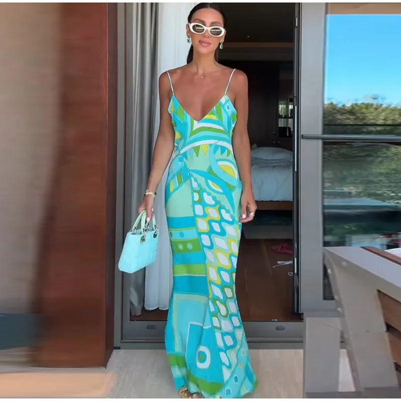 KK Chic Print Sling Long Dress