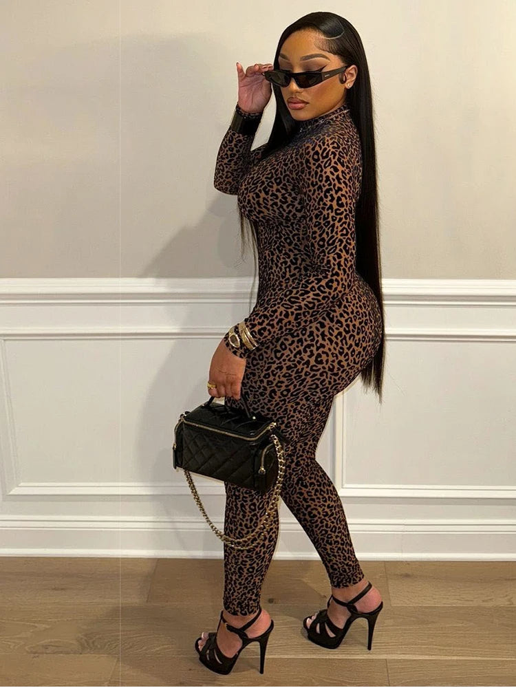 KK See Through Leopard Mesh Jumpsuits