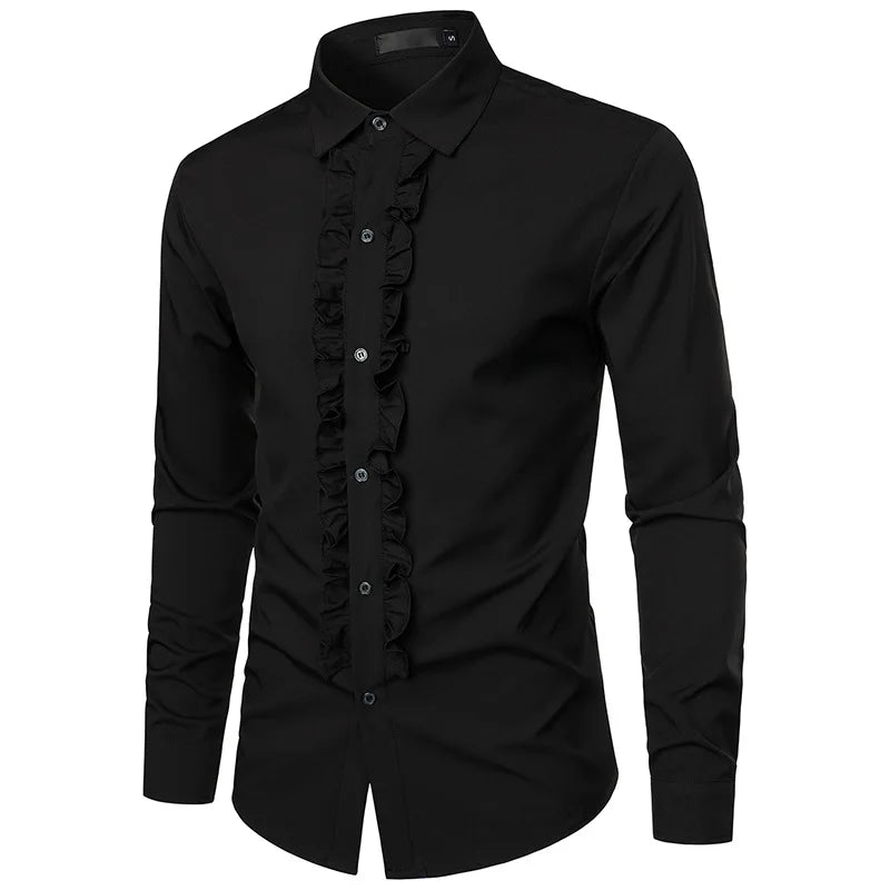 New 2025 Men's Long Sleeve Tuxedo Shirts Fashion Party Wedding Male Dress Shirts Ruffle Pleated Design Solid Shirt Chemise Homme