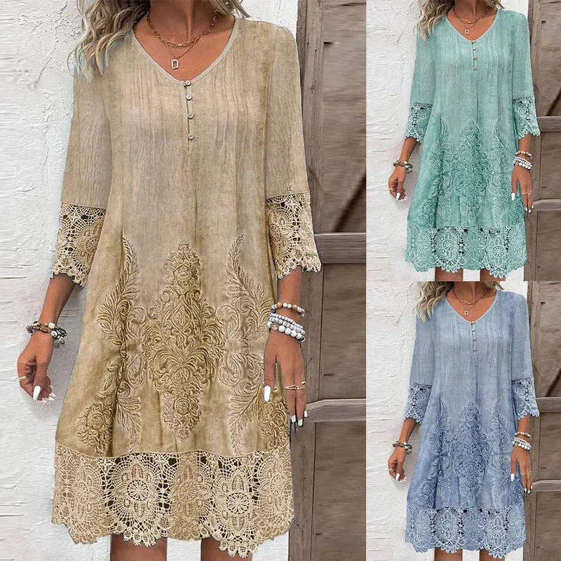 KK Pattern Lace Splicing Hollowed Out Mini Dress