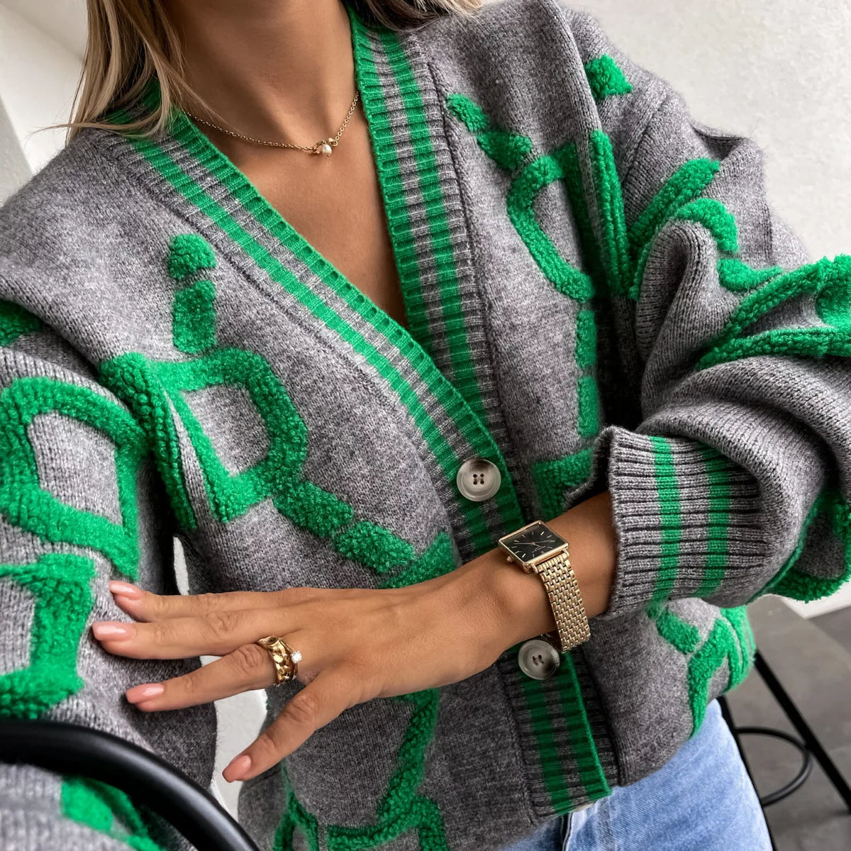 KK Jacquard Knitted Coat V-neck