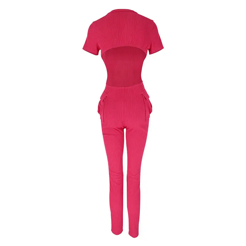 New Women's Jumpsuits Sexy Sweet Pink Hollow Out Jumpsuit Streetwear Fashion Pockets Short Sleeve Lady Elegant Rompers Clothing