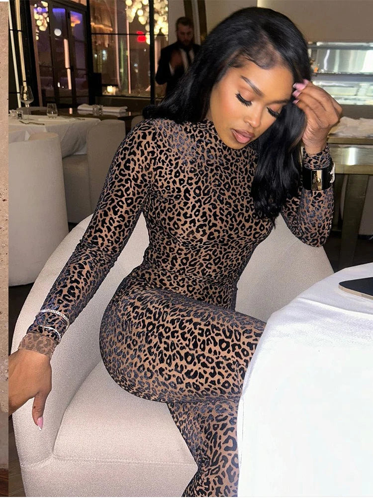 KK See Through Leopard Mesh Jumpsuits