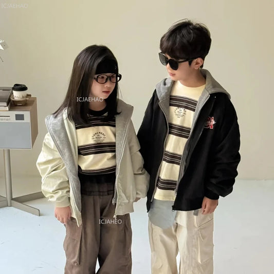 Kids Jacket Boys Girls Korean Style Unisex Toddler Fake Two-Piece Jacket Letter Print Hoodie Long Sleeve Baseball Coat Autumn