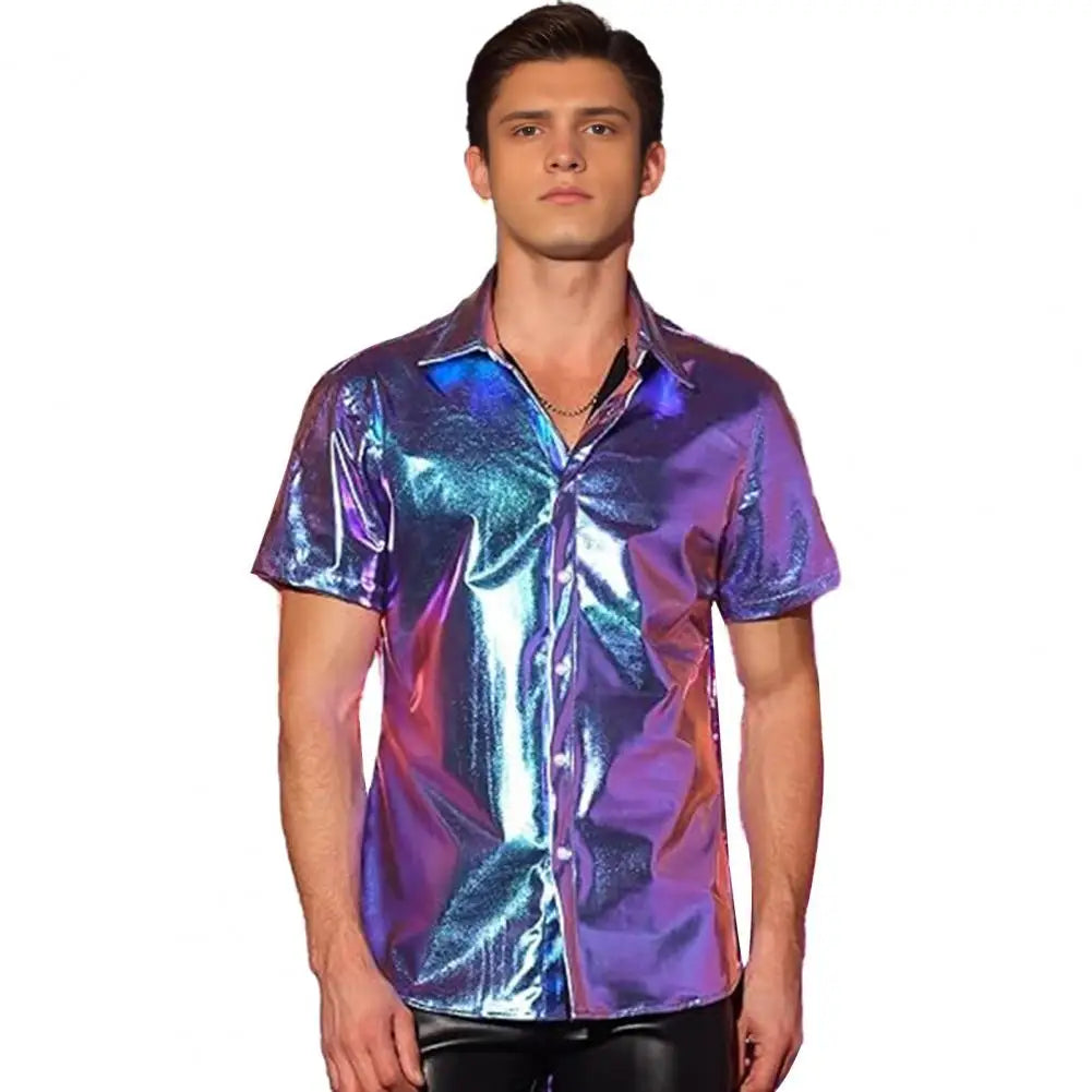 Men's 70‘s Disco Metallic Shiny Gold Shirt For Party Stage Night Club Short Sleeve Shirt Men Stylish Prom Banquet Chemise Hombre