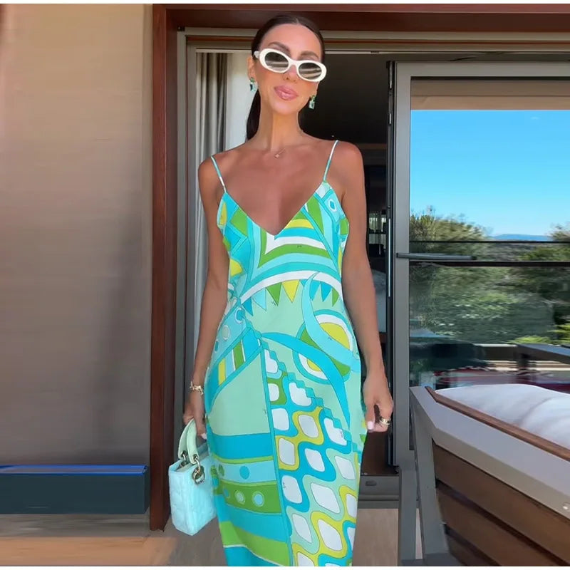 KK Chic Print Sling Long Dress