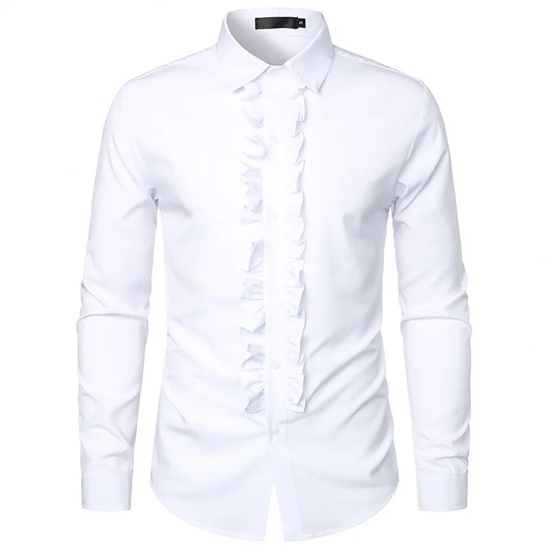 New 2025 Men's Long Sleeve Tuxedo Shirts Fashion Party Wedding Male Dress Shirts Ruffle Pleated Design Solid Shirt Chemise Homme