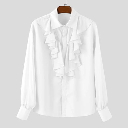 INCERUN Unisex Shirt Solid Color Ruffle Lapel Long Sleeve Casual Unisex Clothing Loose Elegant Streetwear 2025 Fashion Male Shirts
