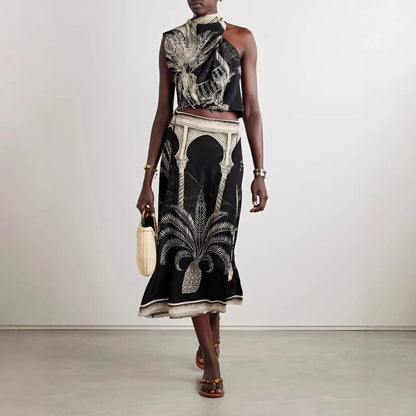 KK Vintage Print Satin Skirt Two Piece Set