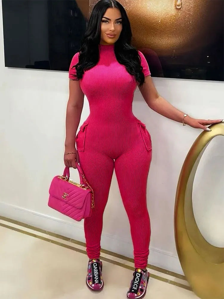 New Women's Jumpsuits Sexy Sweet Pink Hollow Out Jumpsuit Streetwear Fashion Pockets Short Sleeve Lady Elegant Rompers Clothing