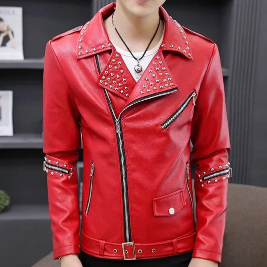 Men Slim Fit Rivet Oblique Zipper Leather Jacket Youth