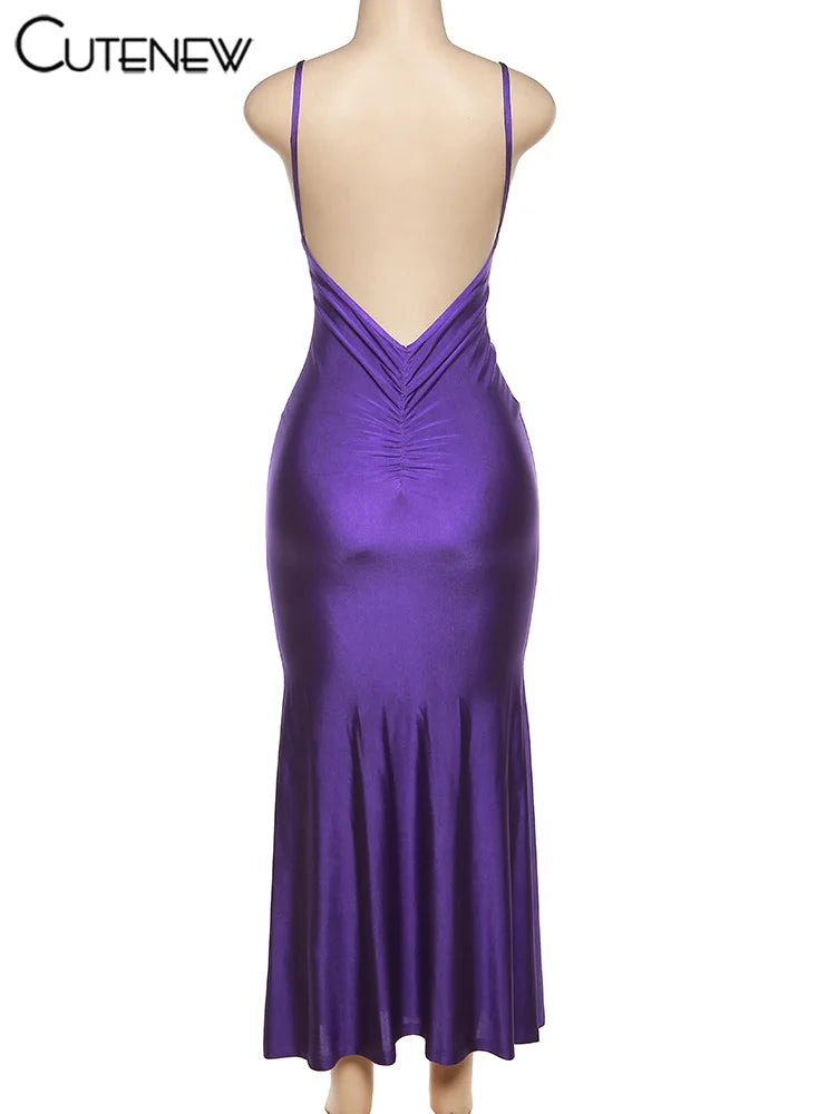 Nibber Red Shiny Spaghetti Strap Maxi Dress Women Solid Sexy Backless Ruched Cleavage Body-shaping Robe Lady Hipster Streetwear