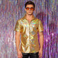 Men's 70‘s Disco Metallic Shiny Gold Shirt For Party Stage Night Club Short Sleeve Shirt Men Stylish Prom Banquet Chemise Hombre