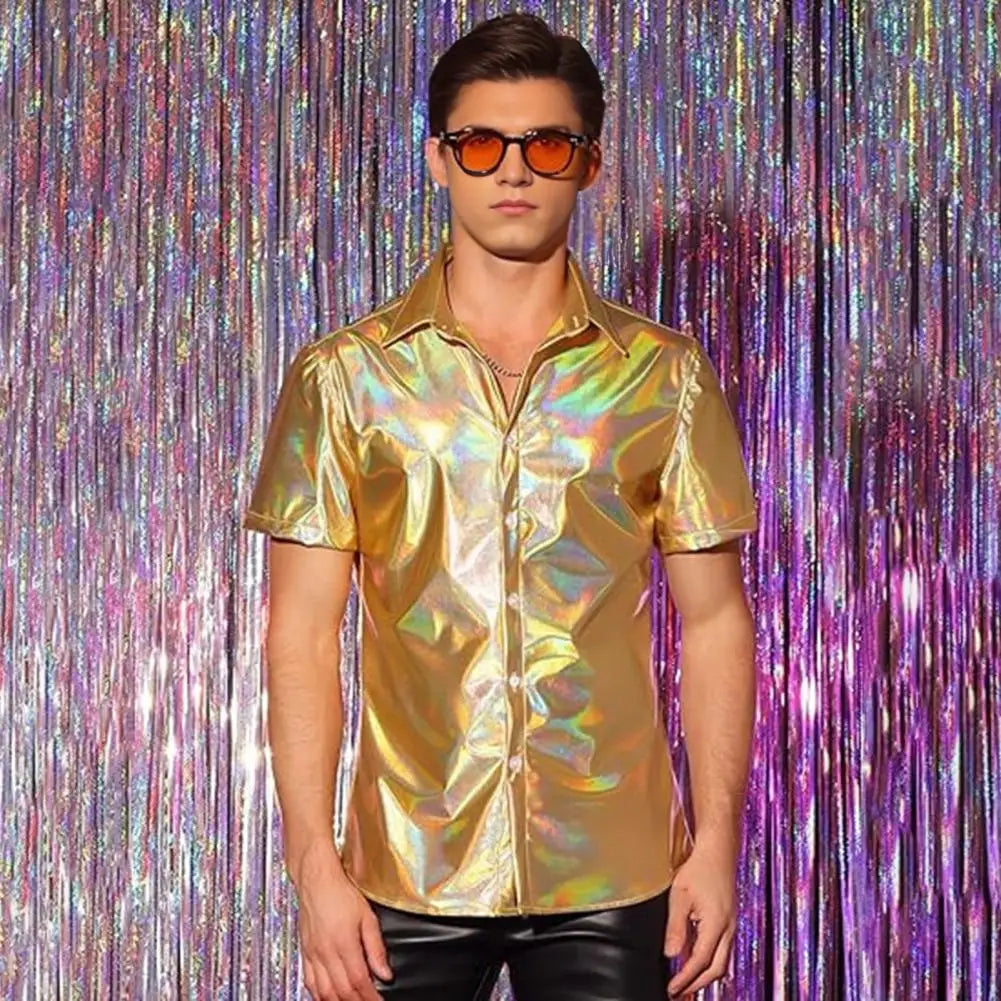 Men's 70‘s Disco Metallic Shiny Gold Shirt For Party Stage Night Club Short Sleeve Shirt Men Stylish Prom Banquet Chemise Hombre