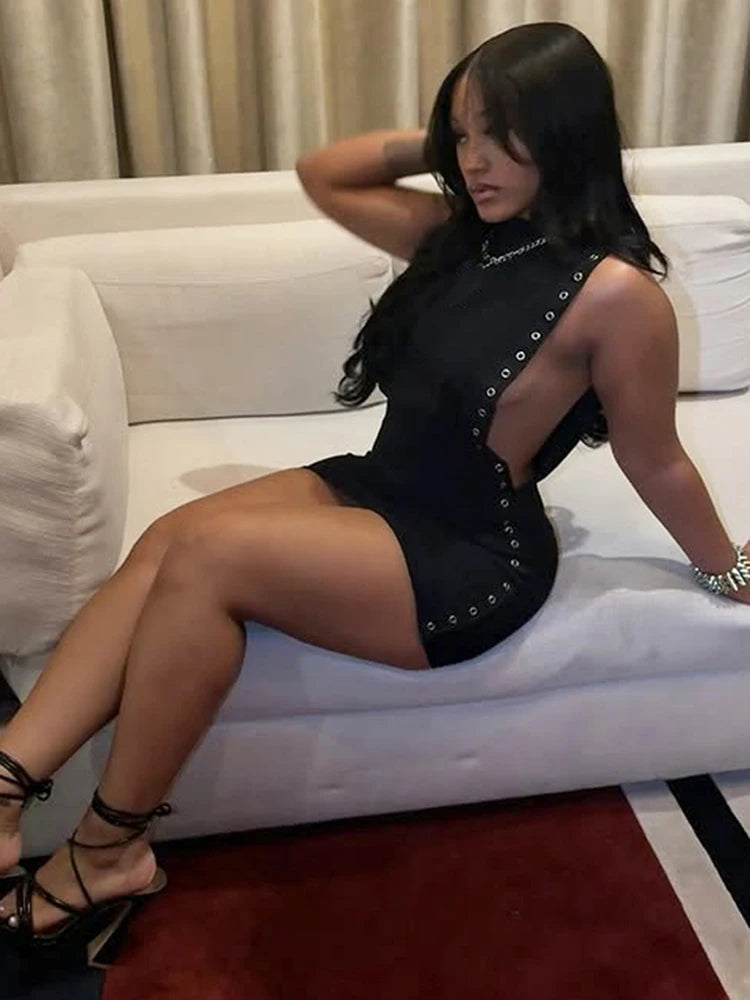 Nibber Peach Hip Mini Dress Woman o-Neck Sleeveless Side Hollow Design Metal Rings Decoration Skinny Midnight Club Party Bodycon