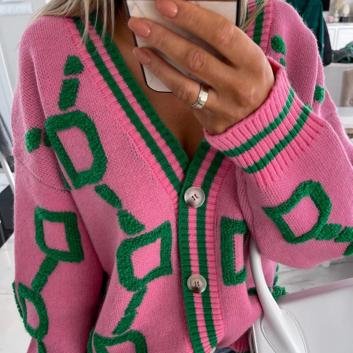 KK Jacquard Knitted Coat V-neck